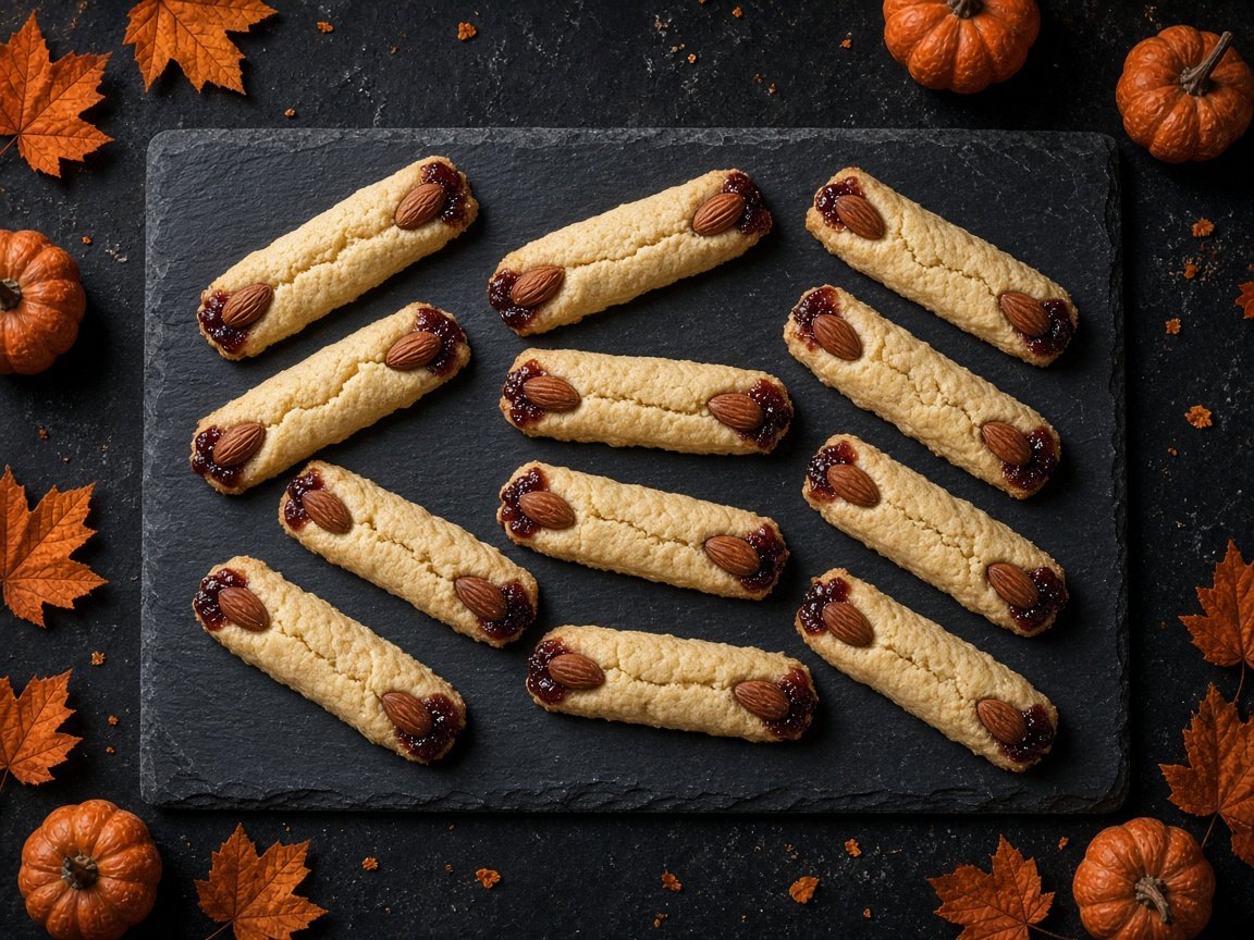 Dedos de Bruxa de Biscoito Amanteigado com Amêndoas e Geleia