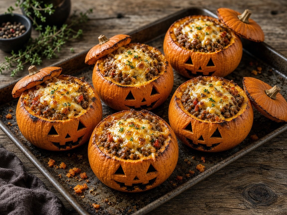 Mini Abóboras Jack-o'-Lantern Recheadas com Carne Moída e Queijo